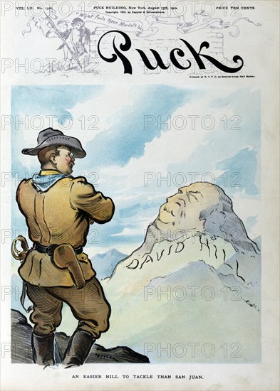 "An Easier Hill to Tackle than San Juan", President Theodore Roosevelt wearing his Rough Rider Uniform, Standing with arms Folded across his Chest, Looking at a Hill labeled "David Hill", Puck Magazine, Artwork by Udo J. Keppler, Published by Keppler & Schwarzmann, August 13, 1902