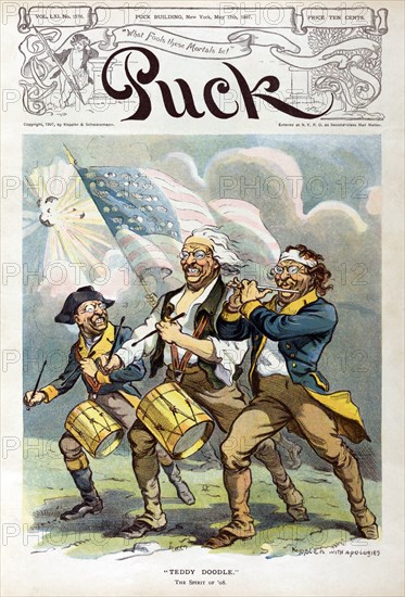 "Teddy Doodle", Theodore Roosevelt with Members of Fife and Drum Corp Marching into Battle, Puck Magazine, Artwork by Udo J. Keppler, Published by Keppler & Schwarzmann, May 15, 1907