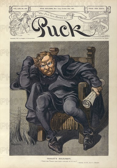"Tedlet's Soliloquy", Theodore Roosevelt, as Hamlet, sitting in Chair, Holding a Paper Labeled "My Private Opinion", Puck Magazine, Artwork by Udo J. Keppler, Published by Keppler & Schwarzmann, October 30, 1907