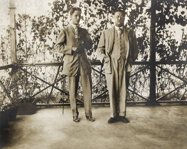 Kermit Roosevelt with his Father Theodore Roosevelt, Full-length Portrait Standing on Porch, Photograph by Warrington Dawson, 1910