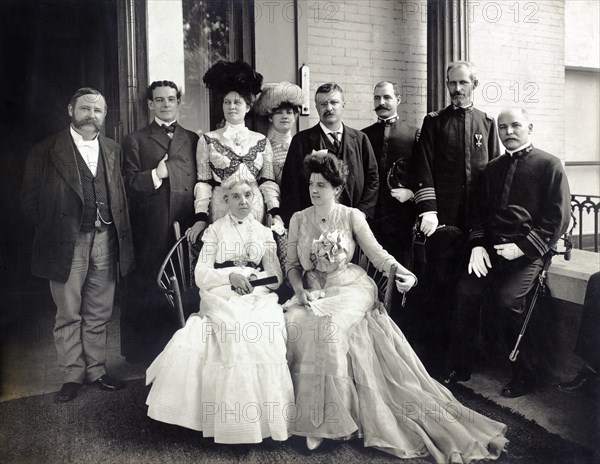 U.S. President Theodore Roosevelt in group portrait with Illinois Governor Richard Yates (left), Illinois Lieutenant Governor William Northcott (far left), three Unidentified Military Officers and Four Women, Illinois, USA, Photograph by Guy R. Mathis,  October 1901
