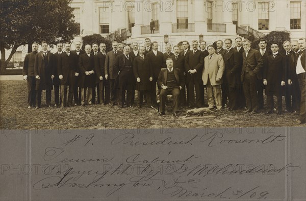 U.S. President Theodore Roosevelt at Farewell Event on White House Lawn for his "Tennis Cabinet", Bronze Statue of Crouching Cougar by Alexander P. Proctor, Presented to Roosevelt by the group, is at his feet, Washington, D.C., USA, Photograph by Barnett McFee Clinedinst, March 5, 1909