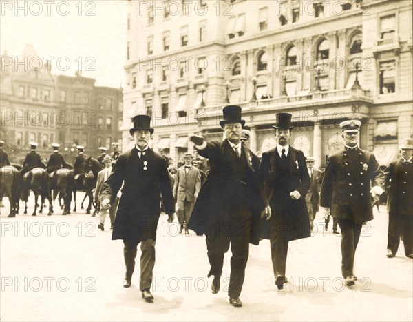 Theodore Roosevelt Walking in Parade with New York City Mayor William Gaynor and Cornelius Vanderbilt during his homecoming Reception after his trip abroad, New York City, New York, USA, 1910