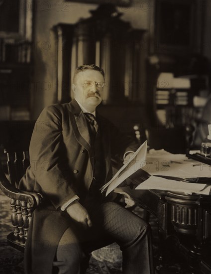 Theodore Roosevelt (1858-1919), 26th President of the United States 1901-09, Three-quarter Length Seated Portrait, Leaning on desk Holding Papers, Photograph by Barnett McFee Clinedinst, 1903