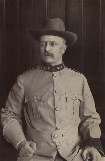 Colonel Theodore Roosevelt, Half-Length Seated Portrait in Military Uniform, Montauk, New York, USA, Photograph by Frances Benjamin Johnston, August 1898