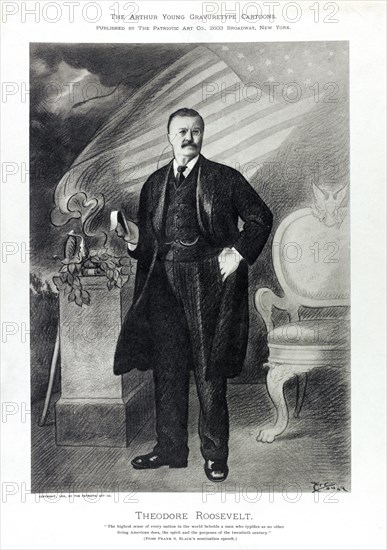 Theodore Roosevelt (1858-1919), 26th President of the United States 1901-09, Full-Length Portrait, Artwork by Arthur Young, The Arthur Young Gravuretype Cartoons, Published by The Patriotic Art Co., 1904