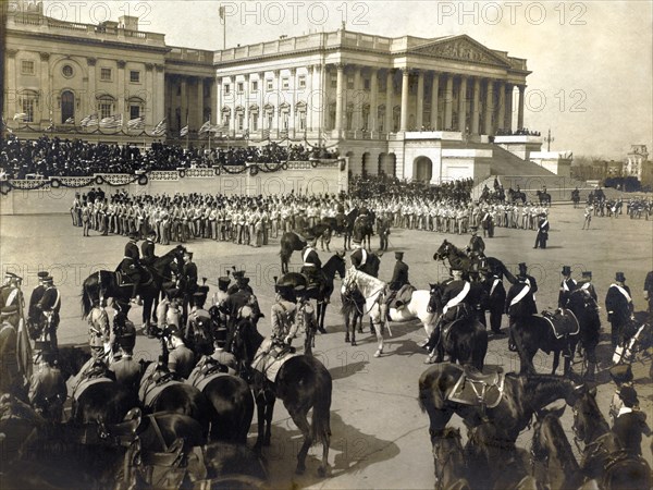 West Point Cadets in Dress Uniforms in Formation outside U.S. Capitol for Inauguration of President Theodore Roosevelt, Washington, D.C., USA, Photograph by George Grantham Bain, March 4, 1905