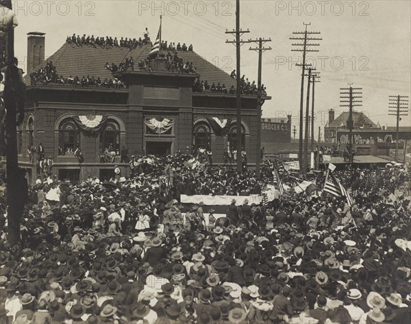 U.S. President Theodore Roosevelt giving Speech to Crowd in front of Texas and Pacific Railroad Company Building, Fort Worth, Texas, USA, Photograph by Charles L. Swartz, April 1905