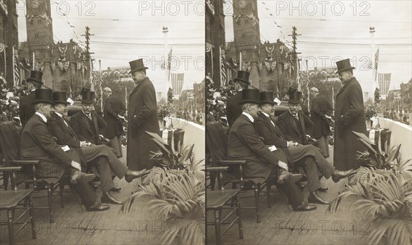 President Roosevelt, with the Mayor of Canton and the Governor of Ohio, Reviewing Parade on McKinley Memorial Day, Canton, Ohio, USA, Stereo Card, Underwood & Underwood, September 30, 1907