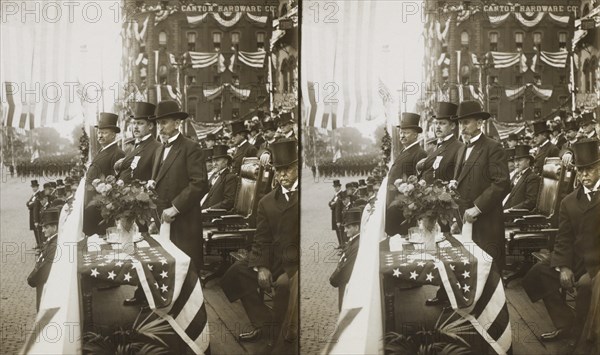 President Roosevelt, with the Mayor of Canton and the Governor of Ohio, Reviewing Parade on McKinley Memorial Day, Canton, Ohio, USA, Stereo Card, Underwood & Underwood, September 30, 1907