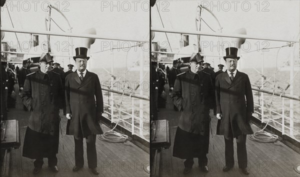 U.S. President Theodore Roosevelt and Admiral Robley "Fighting Bob" Evans on Deck of U.S.S. Mayflower, Stereo Card, 1907
