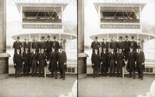U.S. President Theodore Roosevelt in Group Portrait aboard the Steamer Mississippi, Mississippi River, Stereo Card, 1907