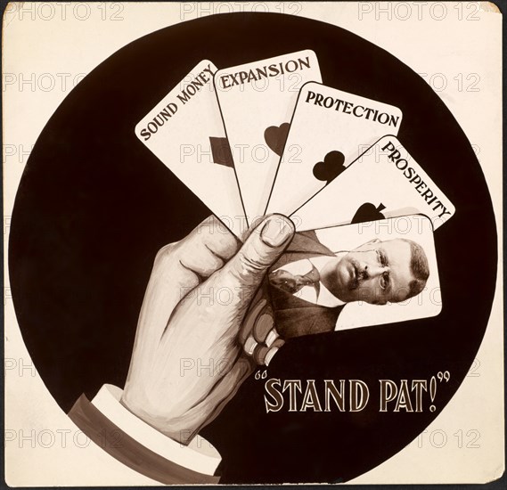 Presidential Election Campaign Card with Montage Showing a Drawn Hand Holding Four Playing Cards Labeled "Sound Money, Expansion, Protection, Prosperity" and Fifth Card with Portrait of Theodore Roosevelt, E.A. Ely, 1904