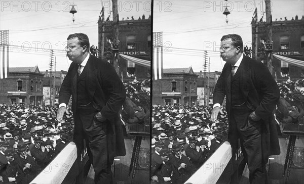 U.S. President Theodore Roosevelt Speaking to Crowd, Asheville, North Carolina, USA, Stereo Card, September 9, 1902