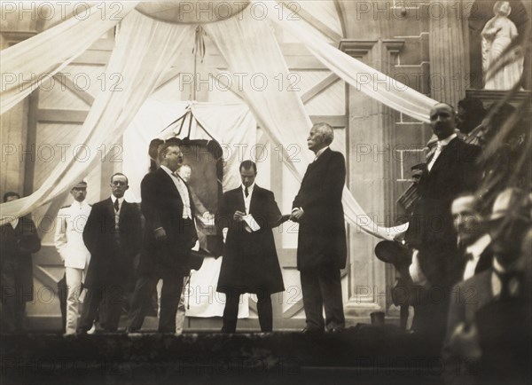 U.S. President Theodore Roosevelt (left) and First Panamanian President Manuel Amador Guerrero making Public Appearance during Inspection Tour of Panama Canal, Panama, November 15, 1906