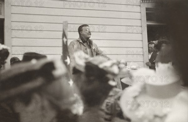 U.S. President Theodore Roosevelt giving Speech outside School House, Divide Creek, Colorado, USA, Photograph by Charles A. Bradley, 1905