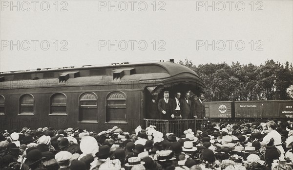 Former U.S. President Speaking to Crowd from back of Railroad Car, Willmar, Minnesota, USA, Photograph by E. Elkjer, 1910