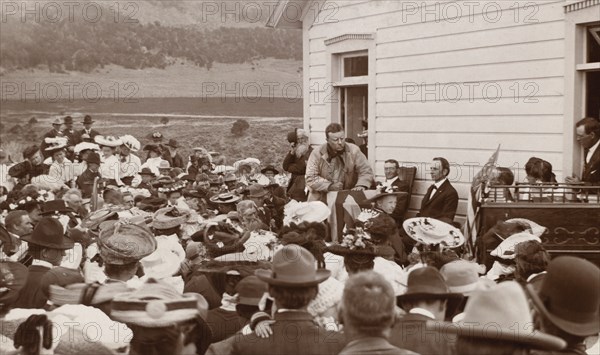 U.S. President Theodore Roosevelt giving Speech outside School House, Divide Creek, Colorado, USA, Photograph by Charles A. Bradley, 1905