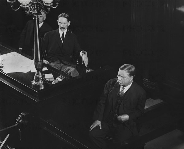 Theodore Roosevelt Testifying on his own behalf in the Roosevelt-Newett Libel case, Marquette, Michigan, USA, Photograph by Underwood & Underwood, May 26, 1913