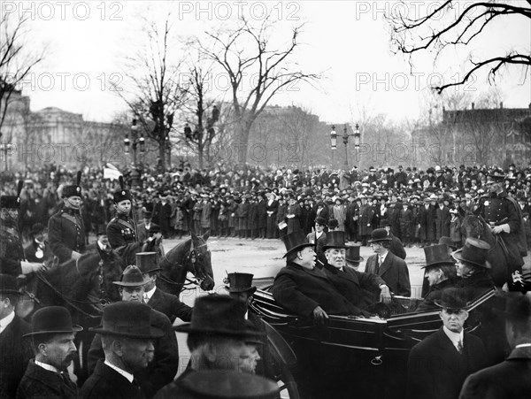 Woodrow Wilson and William Howard Taft arriving at U.S. Capitol in Open Carriage for Wilson's first Inauguration, Washington, D.C., USA, March 4, 1913