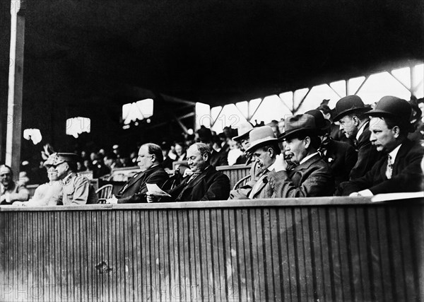 U.S. President William Howard Taft and U.S. Vice President James Sherman attending Baseball Game, Boundary Field (aka American League Park II and National Park), Washington, D.C., USA, Photograph by Barnett McFee Clinedinst, May 5, 1909