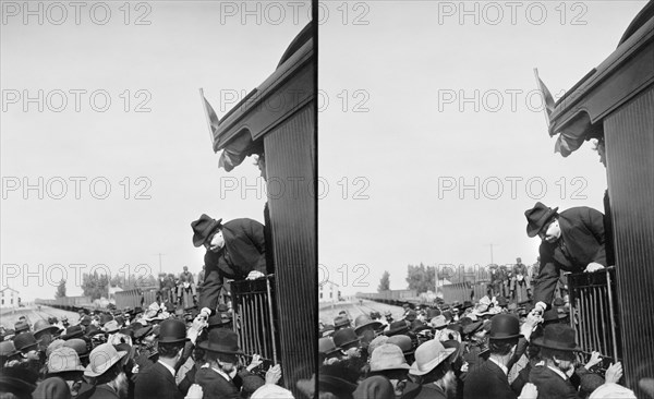 William Howard Taft, Standing on Back of Railroad Car and Shaking Hands during Presidential Campaign Tour, Stereo Card, Underwood & Underwood, 1908