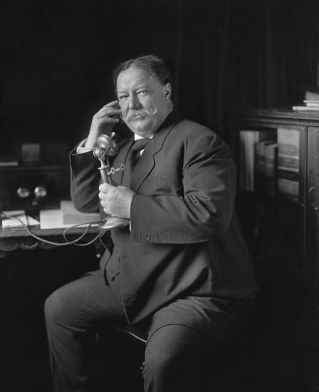 William Howard Taft Receiving Telephone Call from U.S. President Theodore Roosevelt informing him that he had been nominated as Republican Candidate for U.S. President, Photograph by George W. Harris, Harris & Ewing, June 1908