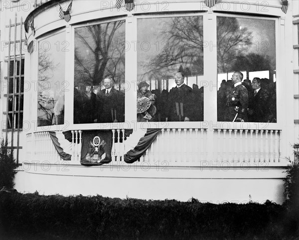 U.S. President Herbert Hoover, Mrs. Hoover and Chief Justice William Howard Taft inside Presidential Reviewing Stand during Parade for Hoover's Inauguration, Washington, D.C., USA, Photograph by National Photo Company, March 4, 1929