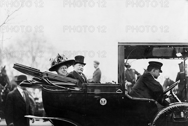 U.S. President William Howard Taft and his wife, First Lady Helen Herron Taft, Seated in back of White House Convertible Automobile with Roof Down, Washington, D.C., USA, Photograph by Barnett McFee Clinedinst, 1909