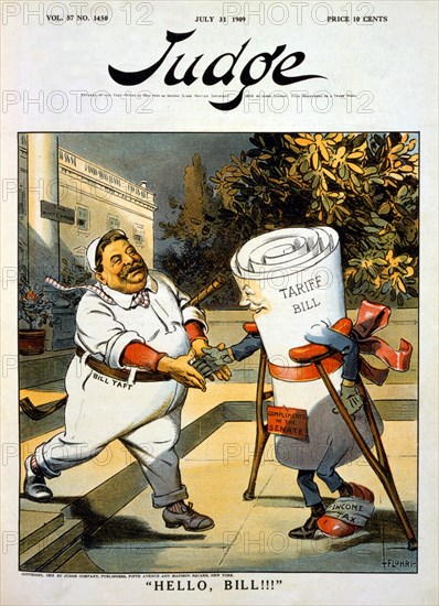 "Hello Bill!!!", Political Cartoon featuring U.S. President William Howard Taft coming from the White House, Carrying Golf Club, and Shaking hands with Crippled "Tariff Bill", Judge Magazine, July 31, 1909