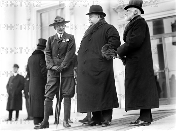 U.S. President William Howard Taft with founder of Boy Scouts Association Robert Baden-Powell and British Ambassador to the U.S. James Bryce review the Boy Scouts of Washington, D.C., from the portico of the White House, Washington, D.C., USA, Photograph by Harris & Ewing, February 1912