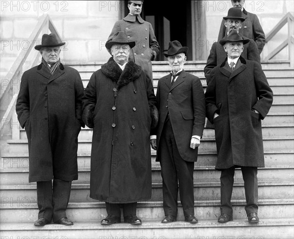 L-R: Champ Clark, William Howard Taft, Joseph Gurney Cannon, Samuel W. McCall, Members of the Lincoln Memorial Commission at U.S. Capitol to decide on date for Dedication of Lincoln Memorial, Washington, D.C, USA, Photograph by National Photo Company, February 28, 1920