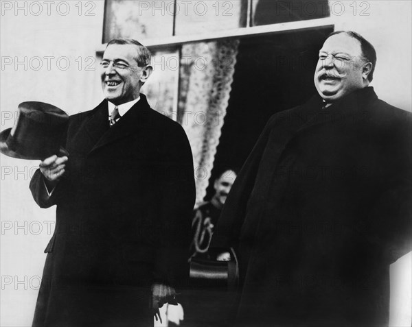 U.S. President-elect Woodrow Wilson and U.S. President William Howard Taft, Standing side by side, Laughing,  prior to Wilson's Inauguration Ceremonies, White House, Washington, D.C., USA, March 4, 1913