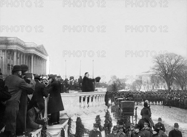 U.S. President William Howard Taft, Half-Length Profile Portrait on East Balustrade of U.S. Capitol during Inauguration Ceremonies, Washington, D.C., USA, March 4, 1909