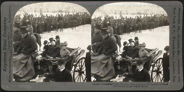 U.S. President and Mrs. Taft leaving the Capitol to head the Parade to the White House, Washington, D.C., USA, Stereo Card, Keystone View Company, March 4, 1909