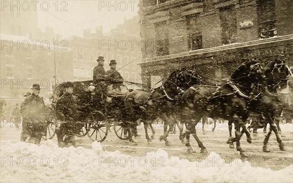 U.S. President-Elect William Howard Taft and U.S. President Theodore Roosevelt Driving to Taft's Inauguration in Horse-Drawn Carriage in Snowstorm, Washington, D.C., USA, Photograph by George Grantham Bain, March 4, 1909
