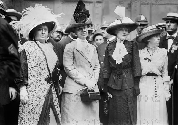 L-R: Harriet T. Mack, wife of Norman E. Mack (1858-1932) National Chairman of the Democratic Party, Helen Herron Taft (1861-1943), wife of President William Howard Taft, Mrs. L.L. Francis, Mildred Aubrey, Democratic National Convention, Fifth Regiment Armory, Baltimore, Maryland, USA, Photograph by Bain News Service, July 1912