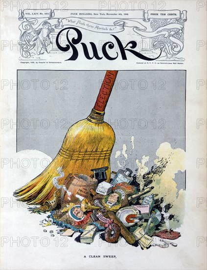 "A Clean Sweep", Large Broom labeled "Election" Sweeping up Trash of Campaigns of William Jennings Bryan and William H. Taft, Artwork by Will Crawford, Lithograph by J. Ottmann Lith. Co., Puck Magazine, Keppler & Schwarzmann, November 4, 1908