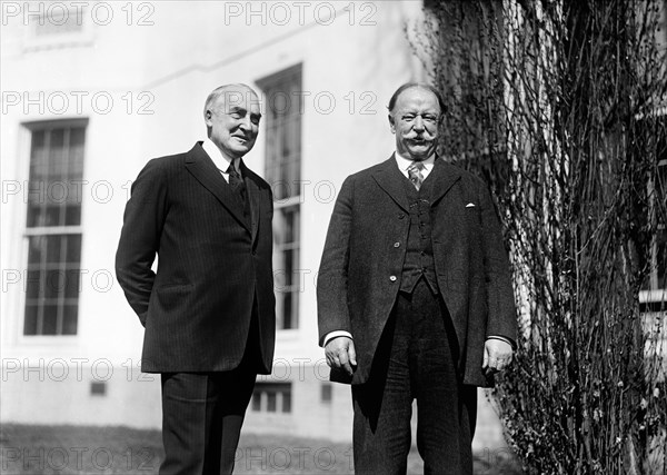 U.S. President Warren G. Harding and Former President William Howard Taft at the White House, following the death of Chief Justice Edward Douglass White, Harding nominated Taft to be Chief Justice, Washington, D.C., USA, Photograph by Harris & Ewing, 1921