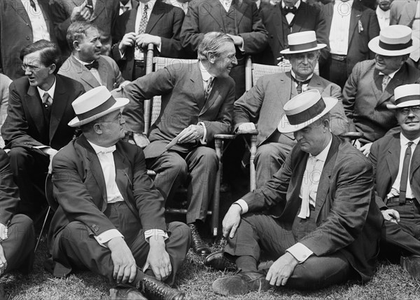 Democratic Presidential Nominee, New Jersey Governor Woodrow Wilson (sitting center left) Speaking with James Beauchamp Clark, Speaker of the U.S. House of Representatives and other fellow Democratic Politicians, Sea Girt, New Jersey, USA, Bain News Service, August 1912