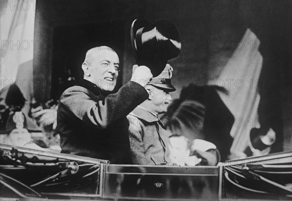 U.S. President Woodrow Wilson (1856-1924) with King Victor Emmanuel III (1869-1947) of Italy, enroute to Quirinal, Rome, Italy, Bain News Service, January 4, 1919