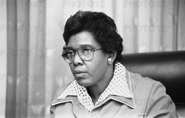 Congresswoman Barbara Jordan, head and shoulders portrait, Seated in Congressional Chamber, Washington, D.C., USA, photograph by Thomas J. O'Halloran, April 1976