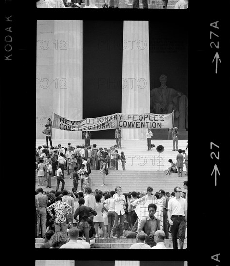 Group of People Gathered on Steps of Lincoln Memorial with a Banner "Revolutionary People's Constitutional Convention" during Black Panther Party Convention, Washington, D.C., USA, photographer Thomas J. O'Halloran, Warren K. Leffler, June 1970