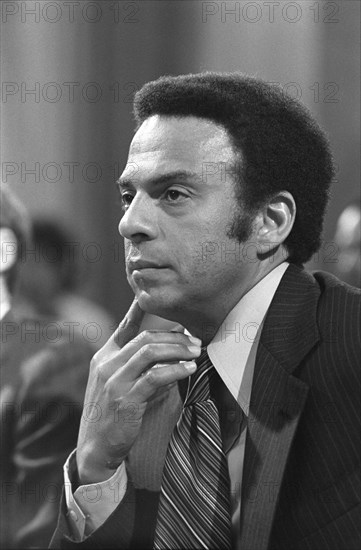 Andrew Young, U.S. Ambassador to the United Nations, head-and-shoulders portrait, during Meeting for the Subcommittee on African Affairs of the Senate Committee on Foreign Relations, Washington, D.C., USA, photograph by Thomas J. O'Halloran, June 1977