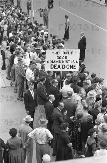 Crowd gathered on Street to see Soviet Leader Nikita Khrushchev, Man holding Sign "The only Good Communist is a Dead Communist", Des Moines, Iowa, USA, photograph by Thomas J. O'Halloran, September 1959