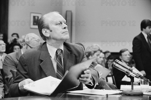 U.S. President Gerald Ford appearing at the House Judiciary Subcommittee hearing on pardoning former President Richard Nixon, Washington, D.C., USA, photograph by Thomas J. O'Halloran, October 14, 1974