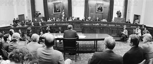 U.S. President Gerald Ford appearing at the House Judiciary Subcommittee hearing on pardoning former President Richard Nixon, Washington, D.C., USA, photograph by Thomas J. O'Halloran, October 17, 1974