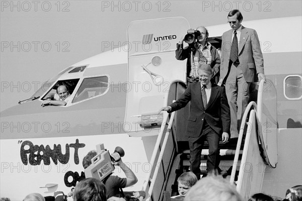 Democratic Presidential Nominee Jimmy Carter Disembarking from "Peanut One" Campaign Airplane at Pittsburgh-Allegheny County Airport during Campaign Stop, Pittsburgh, Pennsylvania, USA, photograph by Thomas J. O'Halloran, September 1976