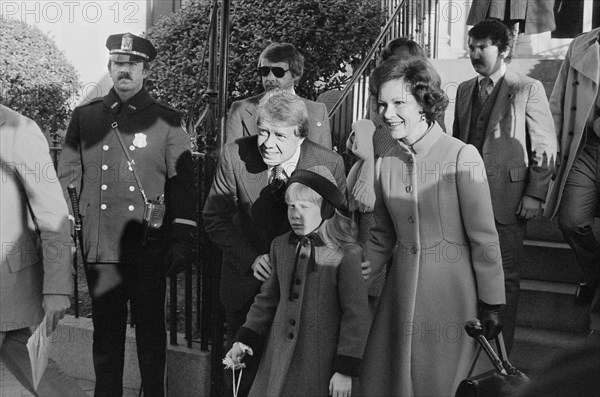 U.S. President-Elect Jimmy Carter with Rosalynn and Amy Carter on Inauguration Day, Washington, D.C., USA, photograph by Thomas J. O'Halloran, January 20, 1977