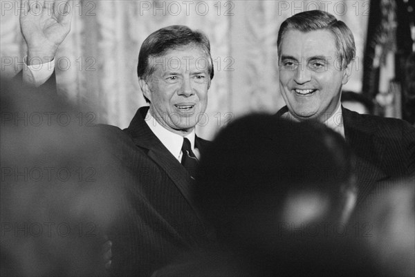 U.S. President Jimmy Carter and U.S. Vice President Walter Mondale, Head and Shoulders Portrait at White House, Washington, D.C., USA, photograph by Thomas J. O'Halloran, December 1979